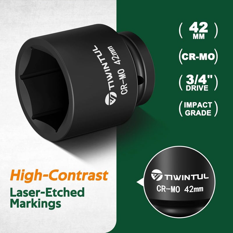 TIWINTUL 3/4 Inch Drive Metric Impact Socket 42mm, 6-Point Design, Heat-Treated Chrome Molybdenum Alloy Steel, Spindle Axle Nut Socket for Auto Repair, Easy Removal - Image 4